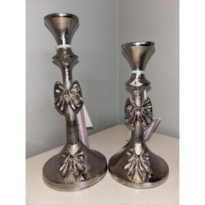 Cupcakes and Cashmere Silver Bow Candle Holders Set With One 10” And 8.5” Stick
